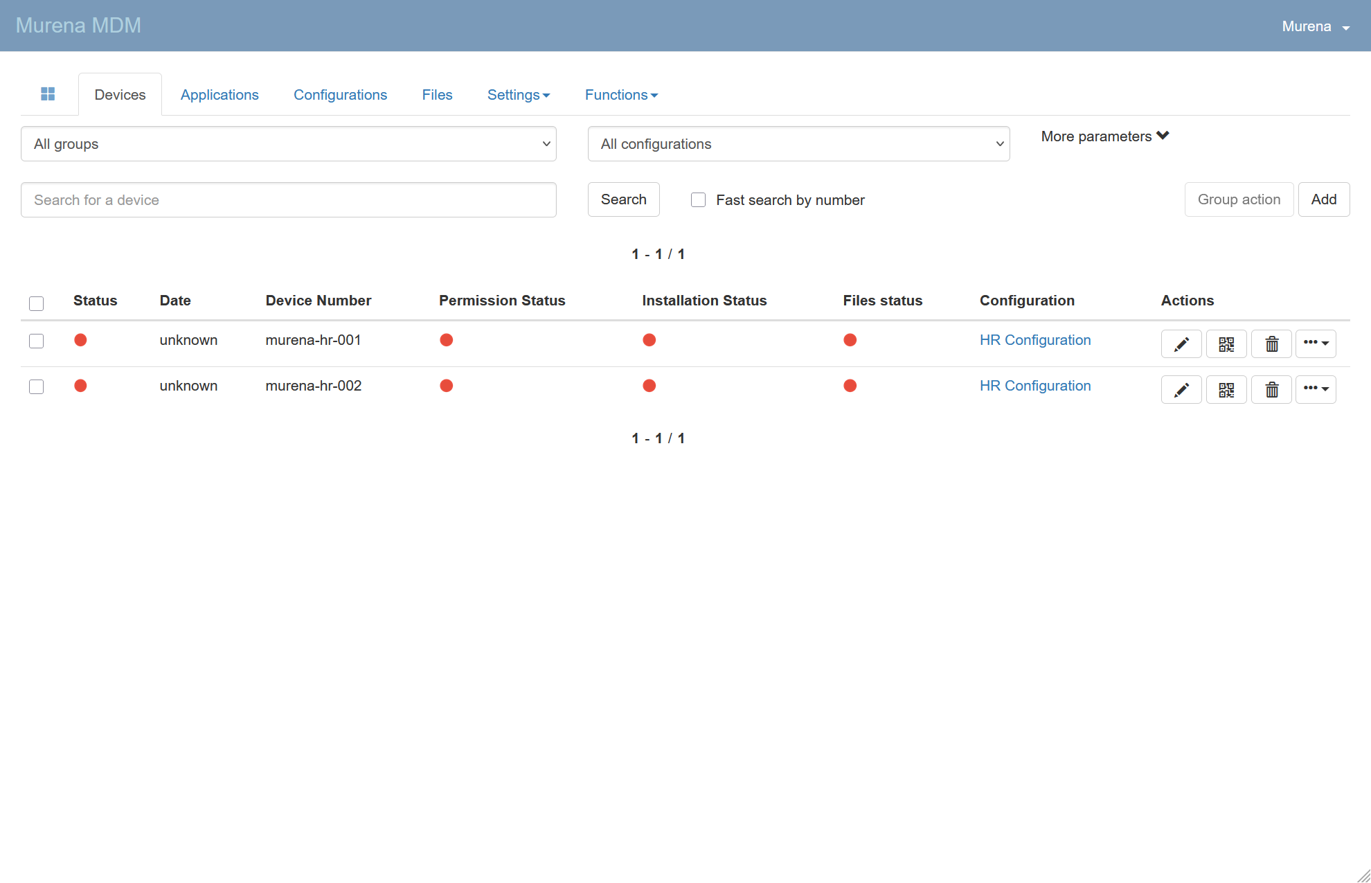 Liste des appareils dans la console MDM