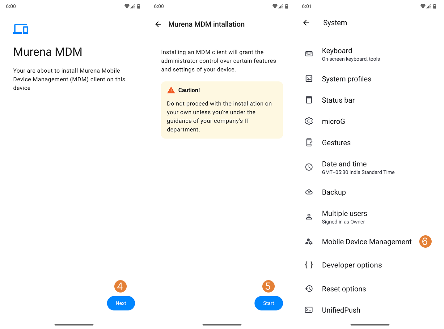 Chemin vers les paramètres du client Murena MDM
