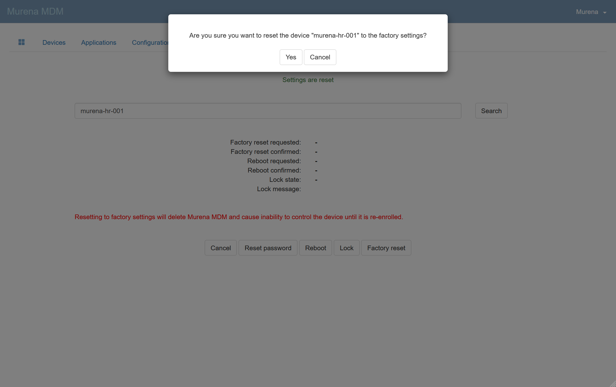 Factory reset confirmation dialog